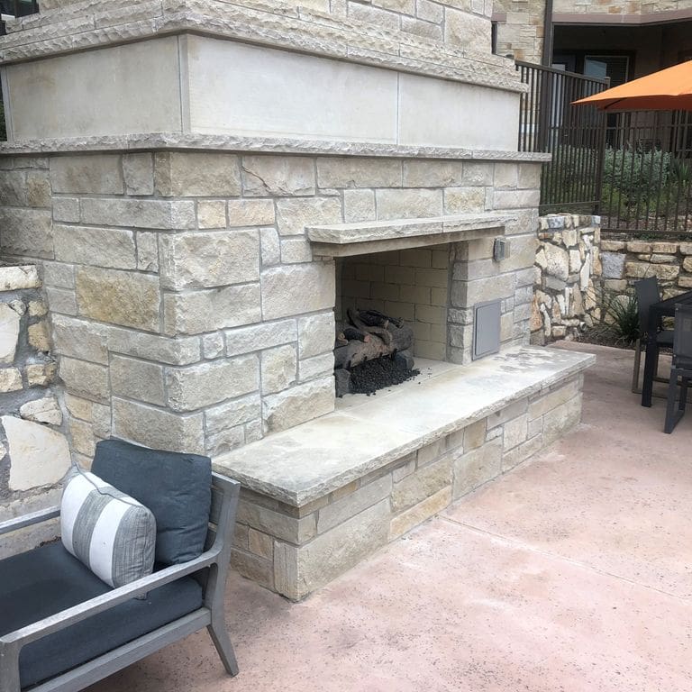 The image shows this material being used for fireplace hearth, fireplace mantel, fireplace surround, full bed veneer and thin veneer.