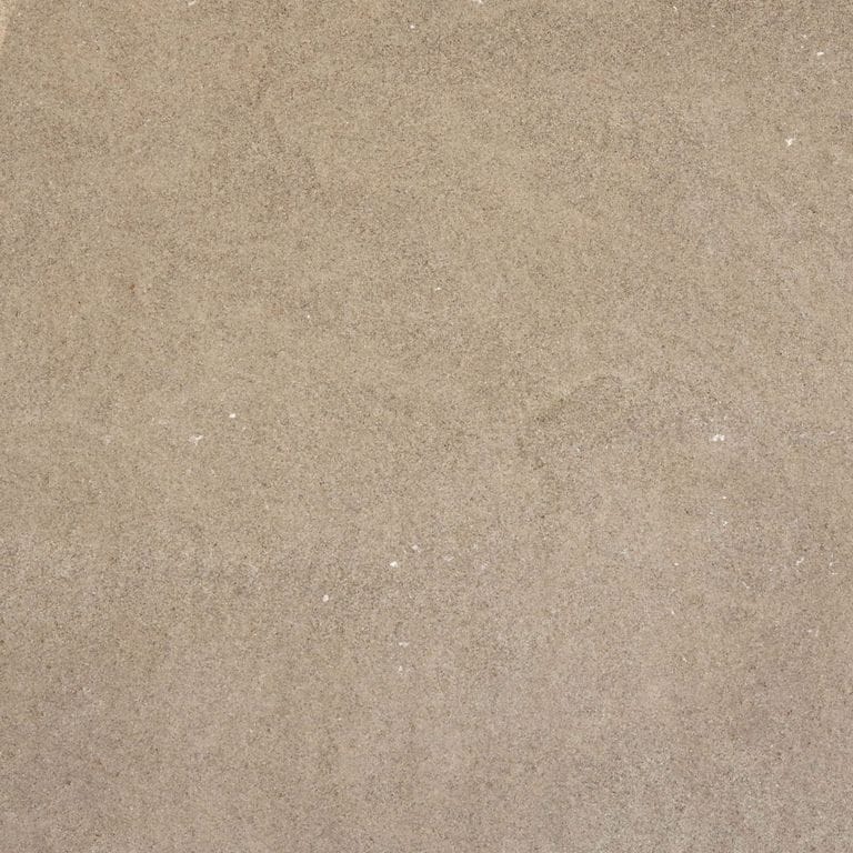 Color/Finish variation image for Spanish Amalfi Limestone. The surface finish shown is brushed. The dominant color shown is tan. The color mix creates a warm feeling. Fine speckled and speckled color patterns. Contains some mica.