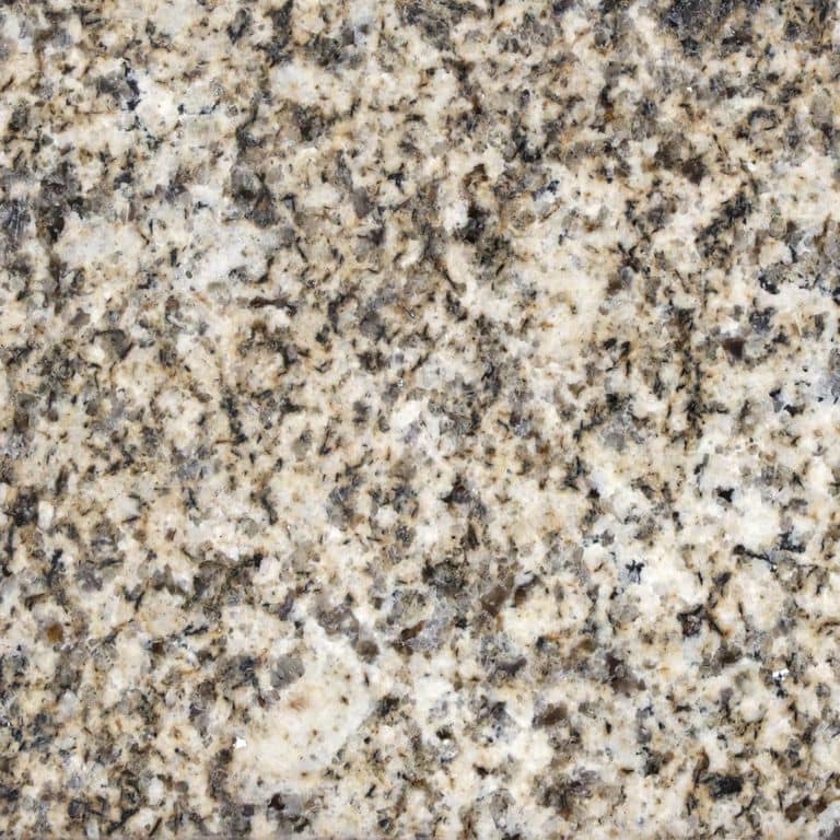 Color/Finish variation image for Yellow Wheat Granite. The surface finish shown is polished. Dominant colors shown are beige, gray and tan; with brown, green, white and cream secondaries. The color mix creates a warm feeling. Coarse speckled and blotched color patterns.