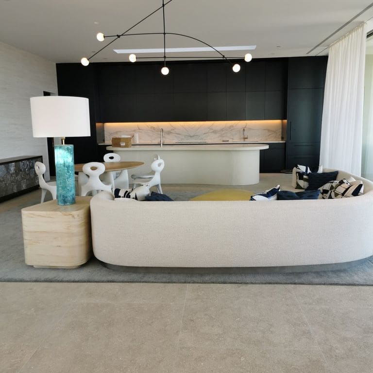 Feature image for Veneto Beige Limestone - Interior Flooring. The image shows this product being used in an interior floor application. Dominant colors shown are beige, tan and cream.