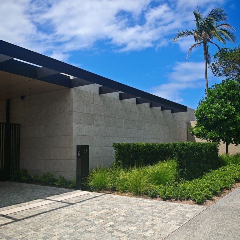 Application image for Veneto Olivo Limestone - Veneer. The image shows this product being used in a full bed veneer application. The surface finish shown is . Dominant colors shown are gray and tan. The color mix creates a cool feeling.