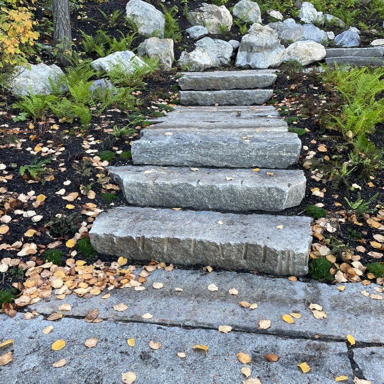 Best close-up image for Reclaimed First Generation Curbstone - Split Bottom Riser Steps. The image shows this product being used in a monolithic steps application. The surface finish shown is . The dominant color shown is gray; with beige, brown, green, orange/rust, purple, white, tan and cream secondaries. Exhibits "movement" and the color mix creates a warm feeling. Speckled, blotched and coarse speckled color patterns.