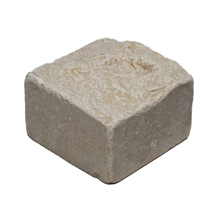 Oblique image for Portugese Amaza Estrema Limestone - Cobblestone - Splitface &amp; Tumbled. The surface finish shown is . Dominant colors shown are beige and gray. The color mix creates a warm feeling.