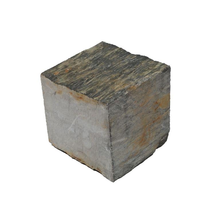 Oblique image for Black Schist Cobblestone - Square - Natural Cleft. The surface finish shown is natural cleft. Dominant colors shown are black and gray. The color mix creates a cool feeling.