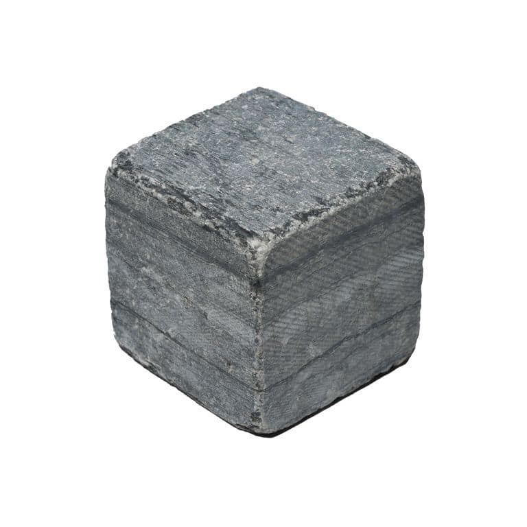 Oblique image for Black Schist Cobblestone - Tumbled Cubes. The surface finish shown is tumbled. Dominant colors shown are black and gray. The color mix creates a cool feeling.