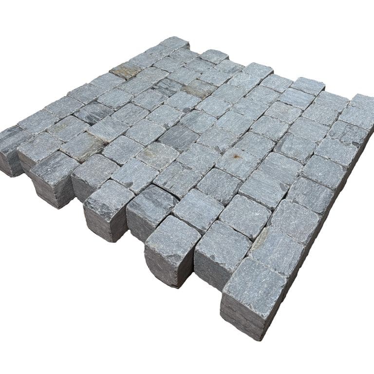 Color/Finish variation image for Black Schist Cobblestone - Square - Tumbled. The surface finish shown is tumbled. The dominant color shown is gray.