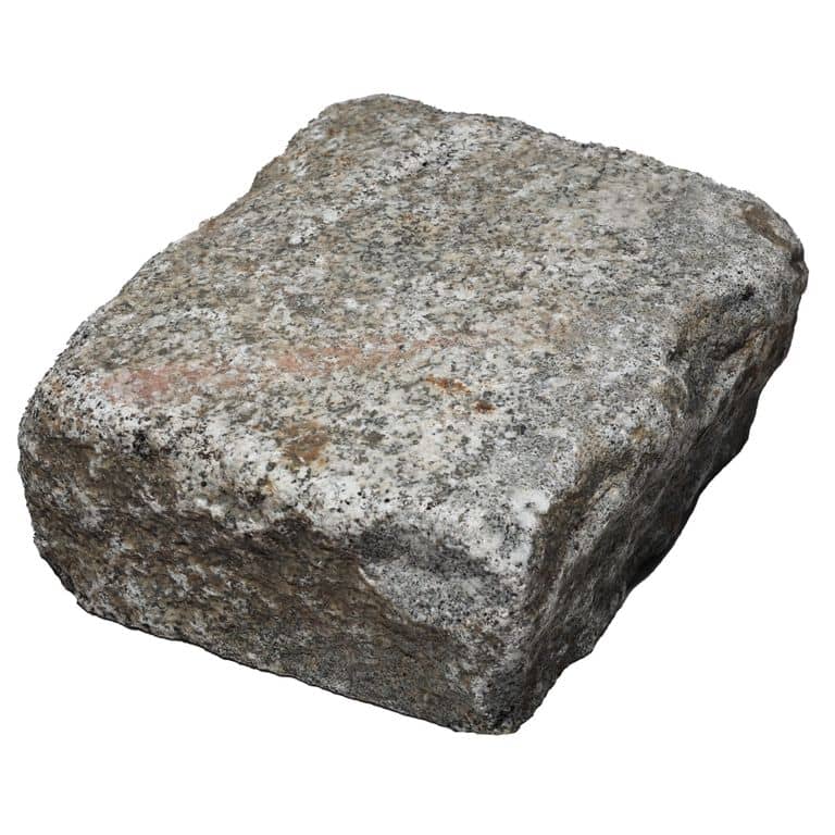 Oblique image for Reclaimed Granite cobles at yard. The surface finish shown is . The dominant color shown is gray. The color mix creates a warm feeling.