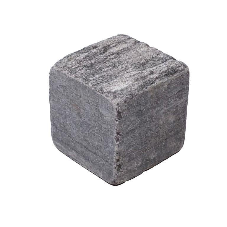 Oblique image for Black Schist Cobblestone - Square - Bush Hammered &amp; Tumbled. The surface finish shown is . The dominant color shown is gray. The color mix creates a cool feeling.