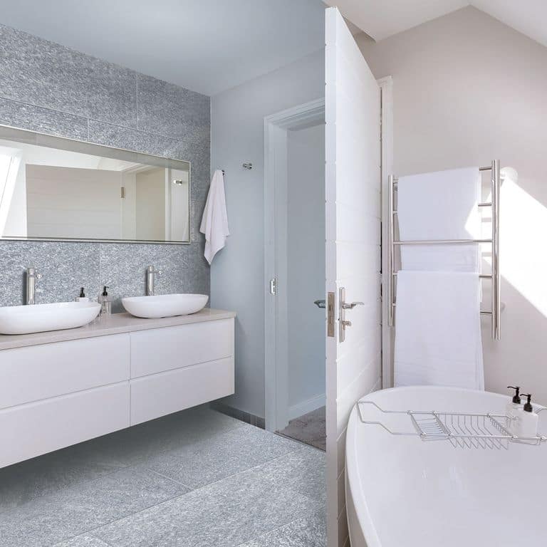 Application image for Pietra Italia Gray Gneiss - Interior Flooring. The image shows this product being used in an interior floor application. The dominant color shown is gray. The color mix creates a cool feeling.