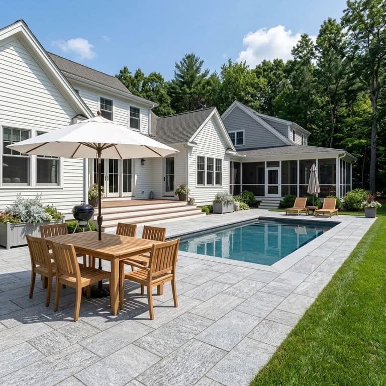 Application image for Pietra Italia Gray Gneiss - Pool Deck. The image shows this product being used for pool coping, patio pavers and pool deck pavers. The surface finish shown is sand blasted. The dominant color shown is gray. The color mix creates a warm feeling.