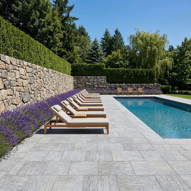 Application image for Pietra Italia Gray Gneiss - Pool Deck. The image shows this product being used for pool coping, patio pavers and pool deck pavers. The surface finish shown is sand blasted. The dominant color shown is pink. The color mix creates a cool feeling.