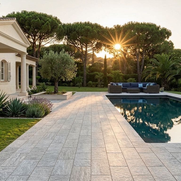 Application image for Pietra Italia Gray Gneiss - Pool Deck. The image shows this product being used for pool coping, patio pavers and pool deck pavers. The surface finish shown is sand blasted. The dominant color shown is gray. The color mix creates a cool feeling.