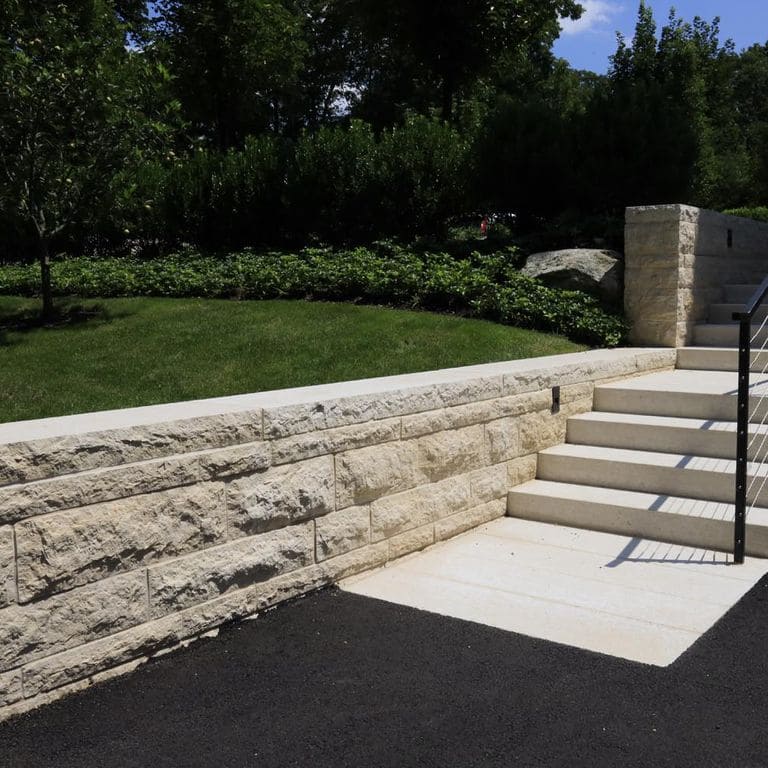 Application image for Mountain Hard Beige Limestone - Monolithic Steps. The image shows this product being used in a monolithic steps application. Dominant colors shown are beige and cream.