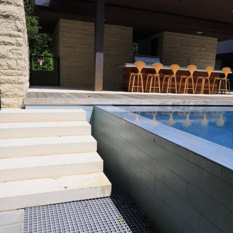 Application image for Mountain Hard Beige Limestone - Monolithic Steps. The image shows this product being used in a monolithic steps application. Dominant colors shown are beige and cream. The color mix creates a warm feeling.