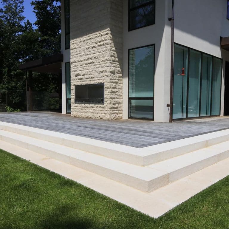 Application image for Mountain Hard Beige Limestone - Monolithic Steps. The image shows this product being used in a monolithic steps application. Dominant colors shown are beige and cream. The color mix creates a warm feeling.