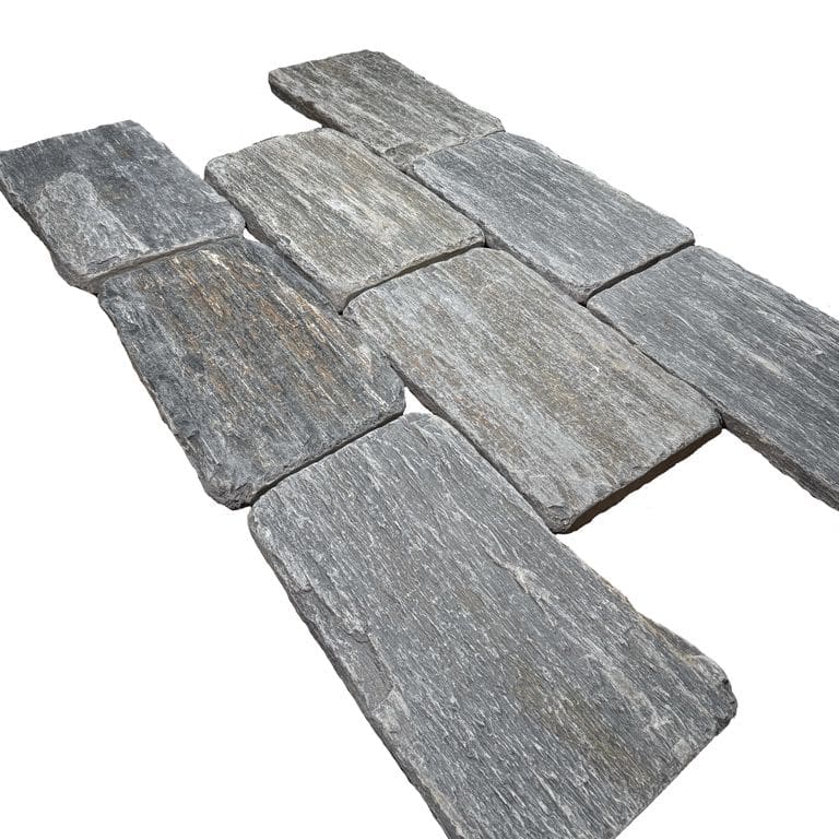 Oblique image for Black Schist - Tumbled Pavers. The surface finish shown is natural cleft. The dominant color shown is gray. The color mix creates a cool feeling.