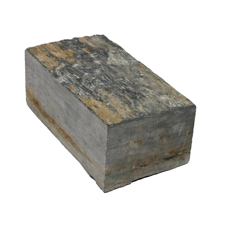 Oblique image for Black Schist Cobblestone - Rectangle - Natural Cleft. The surface finish shown is natural cleft. Dominant colors shown are black, gray and orange/rust. The color mix creates a cool feeling.