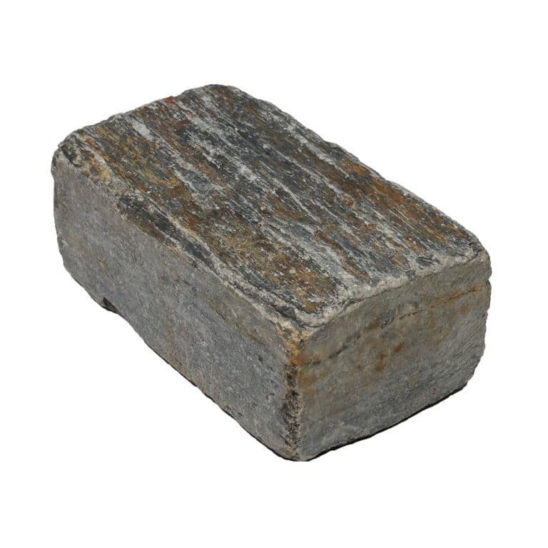 Oblique image for Black Schist Cobblestone - Rectangle - Natural Cleft &amp; Tumbled. The surface finish shown is natural cleft. Dominant colors shown are black, gray and orange/rust. The color mix creates a cool feeling.