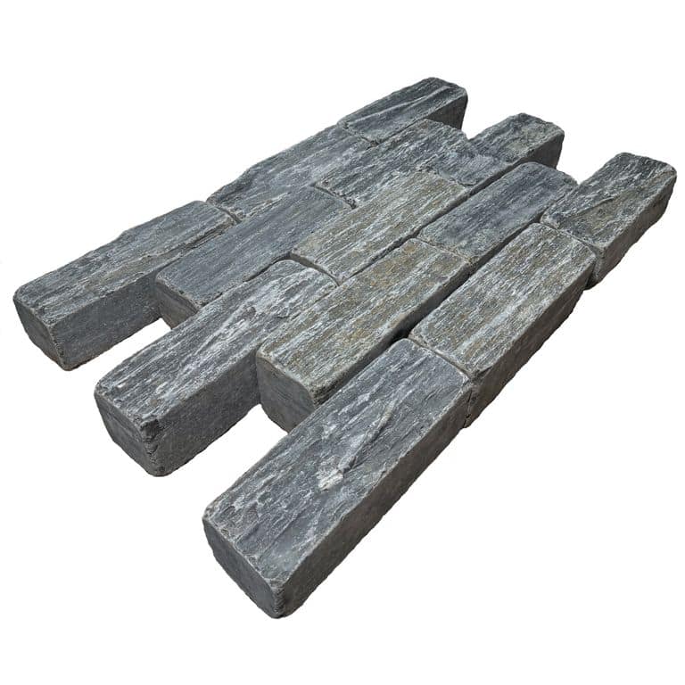 Application image for Black Schist Cobblestone - Rectangle - Natural Cleft &amp; Tumbled. The surface finish shown is natural cleft. Dominant colors shown are black, gray and orange/rust. The color mix creates a cool feeling.