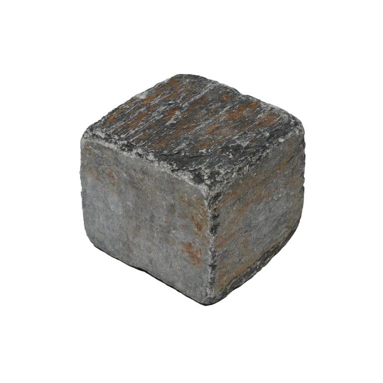 Oblique image for Black Schist Cobblestone - Square - Natural Cleft + Tumbled. The surface finish shown is natural cleft. Dominant colors shown are black and gray. The color mix creates a cool feeling.