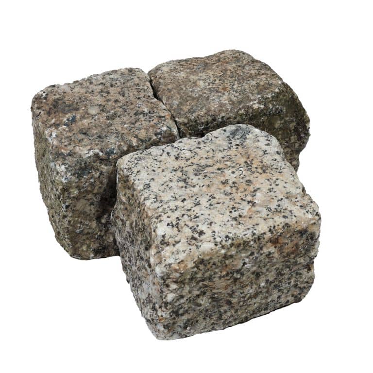 Oblique image for Reclaimed Berlin Granite Cobblestones - Cubes. The surface finish shown is . Dominant colors shown are gray and tan. The color mix creates a warm feeling.