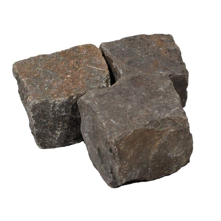 Oblique image for darker cobble. The surface finish shown is . Dominant colors shown are brown and purple. The color mix creates a warm feeling.