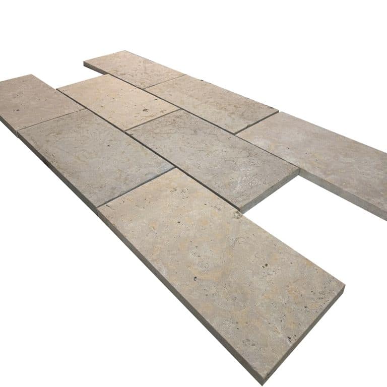 Feature image for Golden Buff Limestone - Pavers. The surface finish shown is sand blasted. Dominant colors shown are beige, gray and tan. The color mix creates a warm feeling.