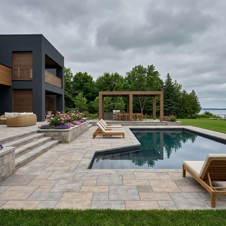 An outdoor living space featuring a multi-level pool deck and patio constructed from Stone Curators product P1086 - Golden Buff Limestone - Pavers - Sand Blasted. The area includes a rectangular swimming pool with lounge chairs, a pergola covering a dining set, tiered garden beds with pink flowers, and a modern dark gray house with wood accents, all set against a backdrop of trees and a lake under a cloudy sky.