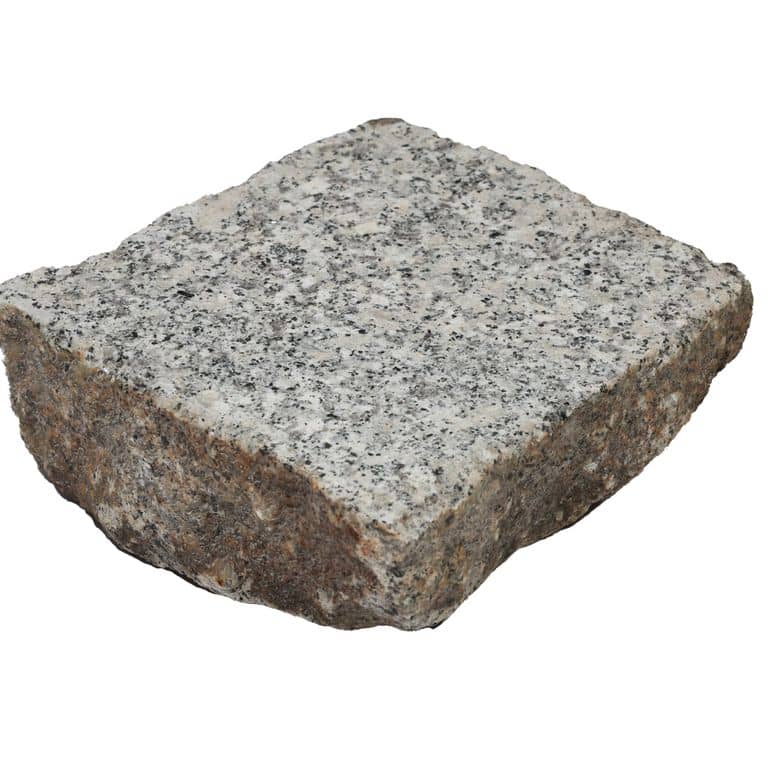 Oblique image for Reclaimed Berlin Granite Cobblestones - Flat Surface. The surface finish shown is flamed. The dominant color shown is gray.