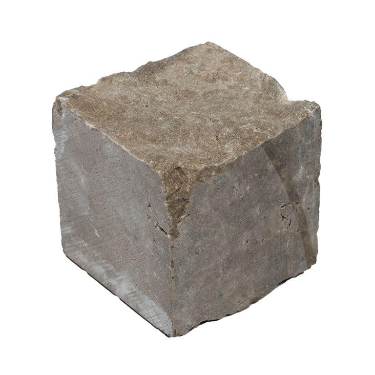 Oblique image for Bavarian Dolomite Gray Limestone - Splitface Cobblestone. The surface finish shown is split-face. Dominant colors shown are gray and tan. The color mix creates a warm feeling.