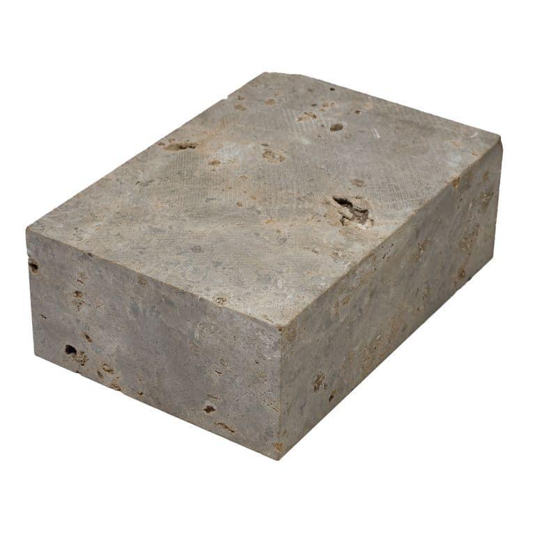 Oblique image for Bavarian Dolomite Gray Limestone - Cobblestone Paver. The surface finish shown is sawn. Dominant colors shown are gray and tan. The color mix creates a warm feeling.