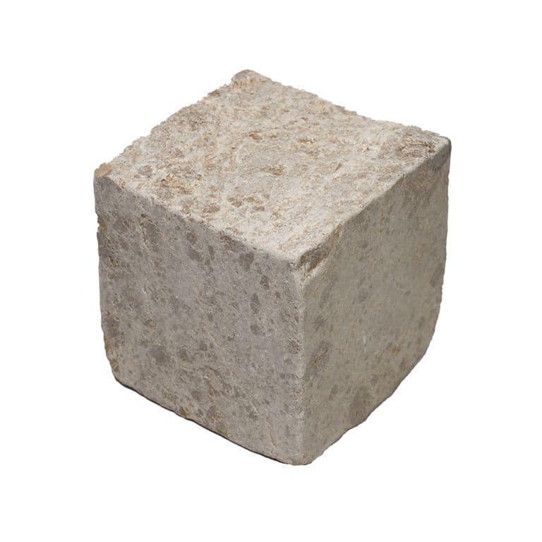 Oblique image for Bavarian Beige Limestone - Splitface &amp; Tumbled Cobblestone. The surface finish shown is . Dominant colors shown are beige and cream. The color mix creates a warm feeling.