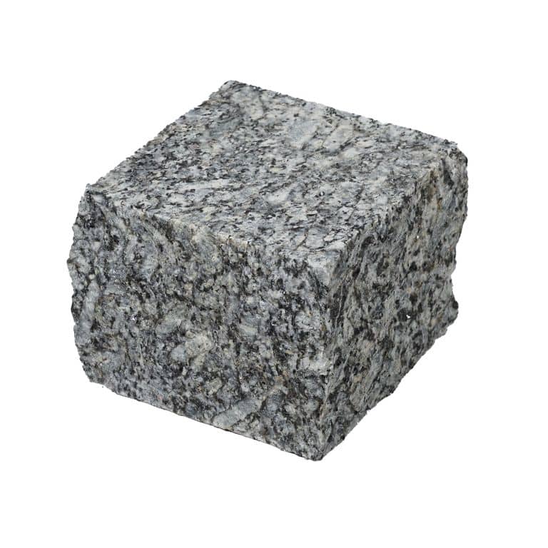 Oblique image for Blue Ice Granite - Cobblestone. The surface finish shown is flamed. Dominant colors shown are blue and gray. The color mix creates a cool feeling. Blotched and coarse speckled color patterns.