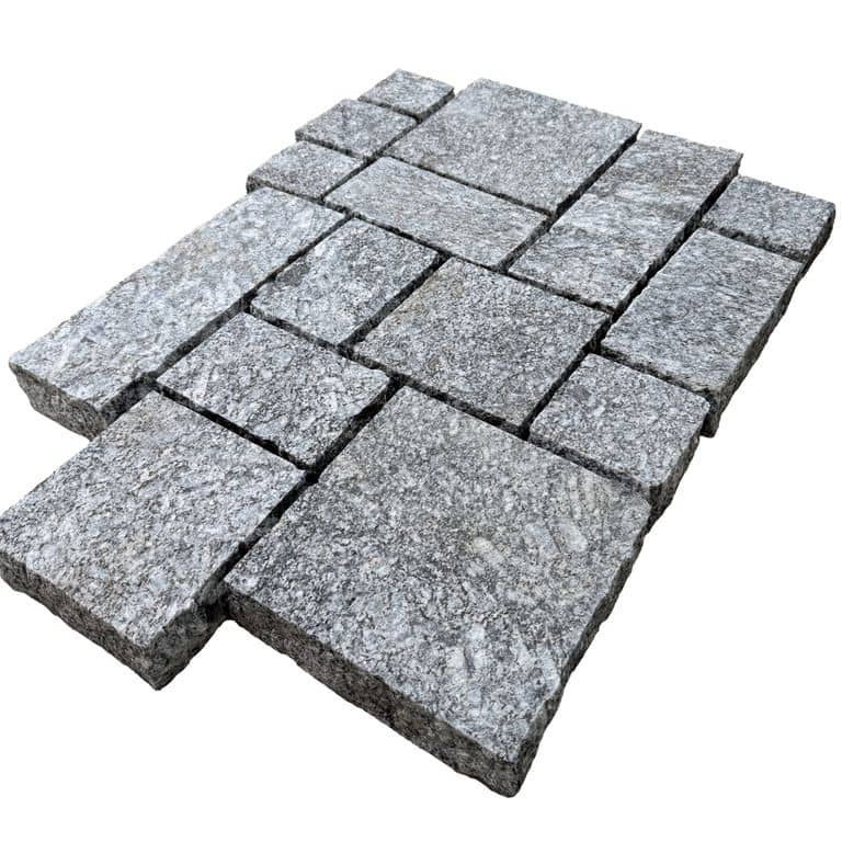 Color/Finish variation image for Blue Ice Granite - Cobblestone. The surface finish shown is flamed. The dominant color shown is gray. The color mix creates a cool feeling.