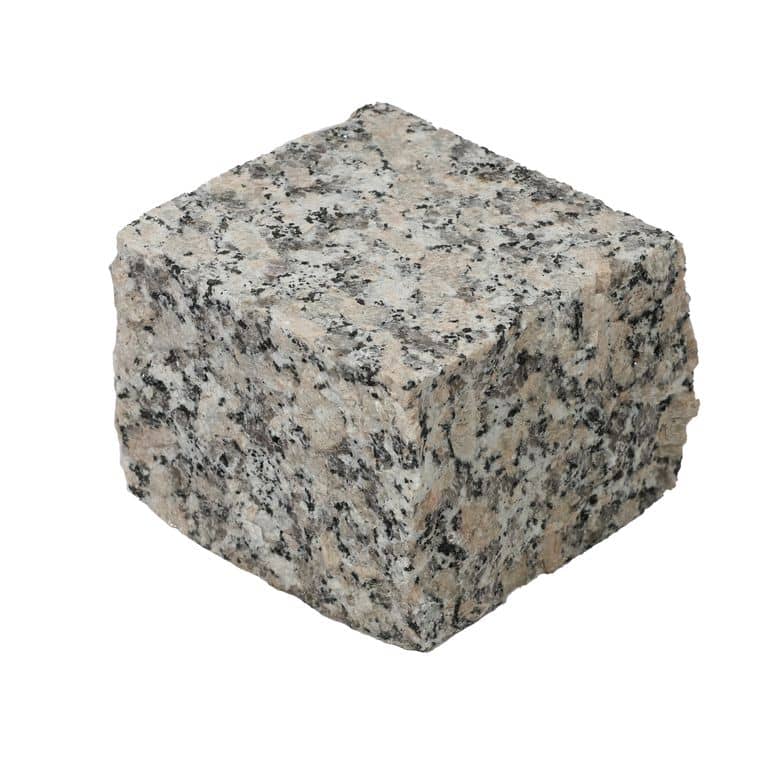Oblique image for Lapa Gray Granite - Flamed Cobblestones. The surface finish shown is flamed. The dominant color shown is gray. The color mix creates a warm feeling.