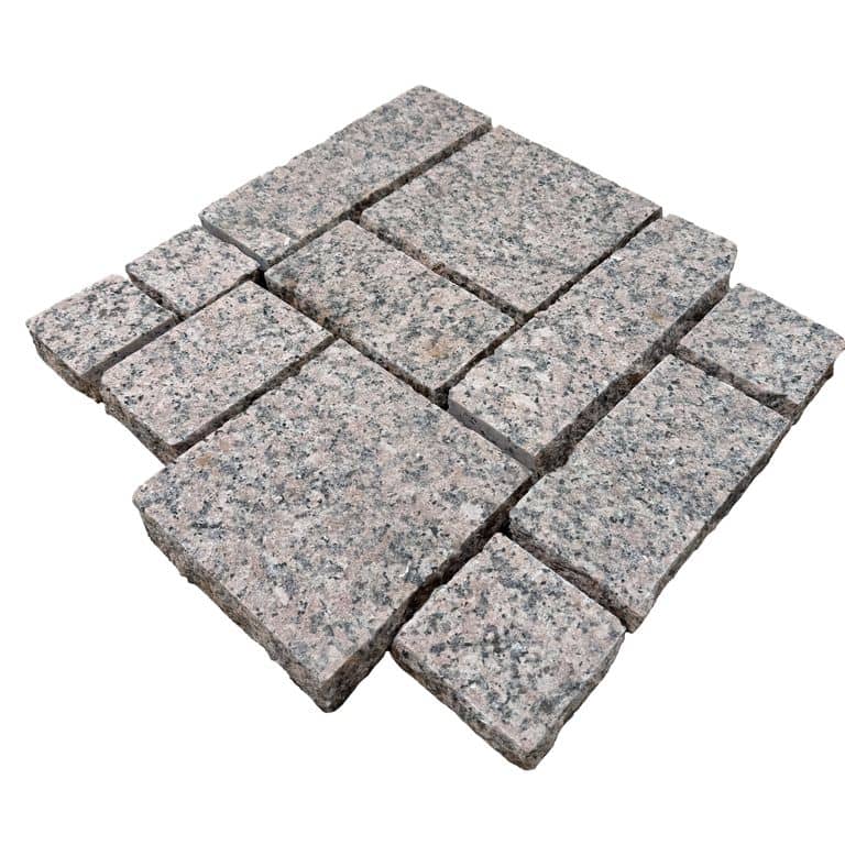 Feature image for Pink Porrino Granite - Flamed Cobblestones. The surface finish shown is flamed. Dominant colors shown are gray and pink.