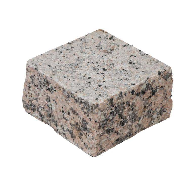 Oblique image for Pink Porrino Granite - Sandblasted Cobblestones. The surface finish shown is sand blasted. Dominant colors shown are gray, pink and white. The color mix creates a warm feeling.