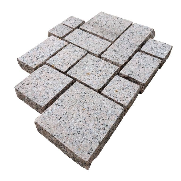 Feature image for Pink Porrino Granite - Sandblasted Cobblestones. The surface finish shown is sand blasted. Dominant colors shown are gray and pink. The color mix creates a warm feeling.
