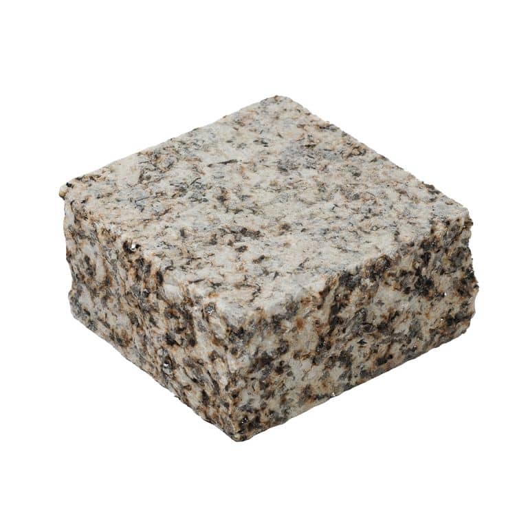 Oblique image for Yellow Corn Granite - Cobblestone. The surface finish shown is sand blasted. Dominant colors shown are gray, yellow and cream. The color mix creates a warm feeling.