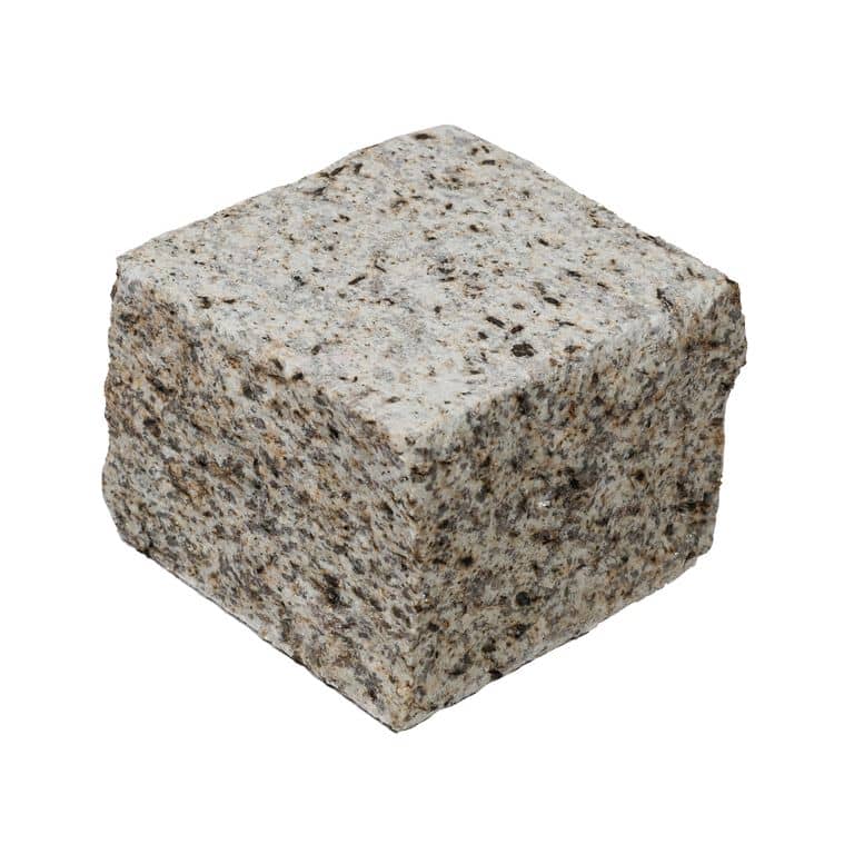 Oblique image for Honeycomb Granite - Cobblestones. The surface finish shown is sand blasted. Dominant colors shown are gray, yellow and cream. The color mix creates a warm feeling.