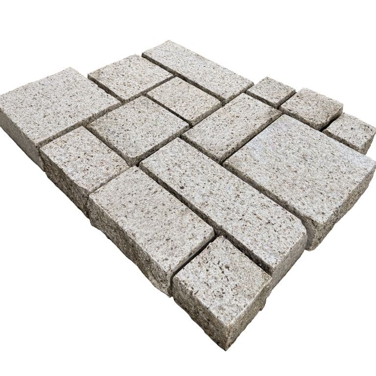 Feature image for Honeycomb Granite - Cobblestones. The surface finish shown is sand blasted. Dominant colors shown are gray, yellow and cream. The color mix creates a warm feeling.