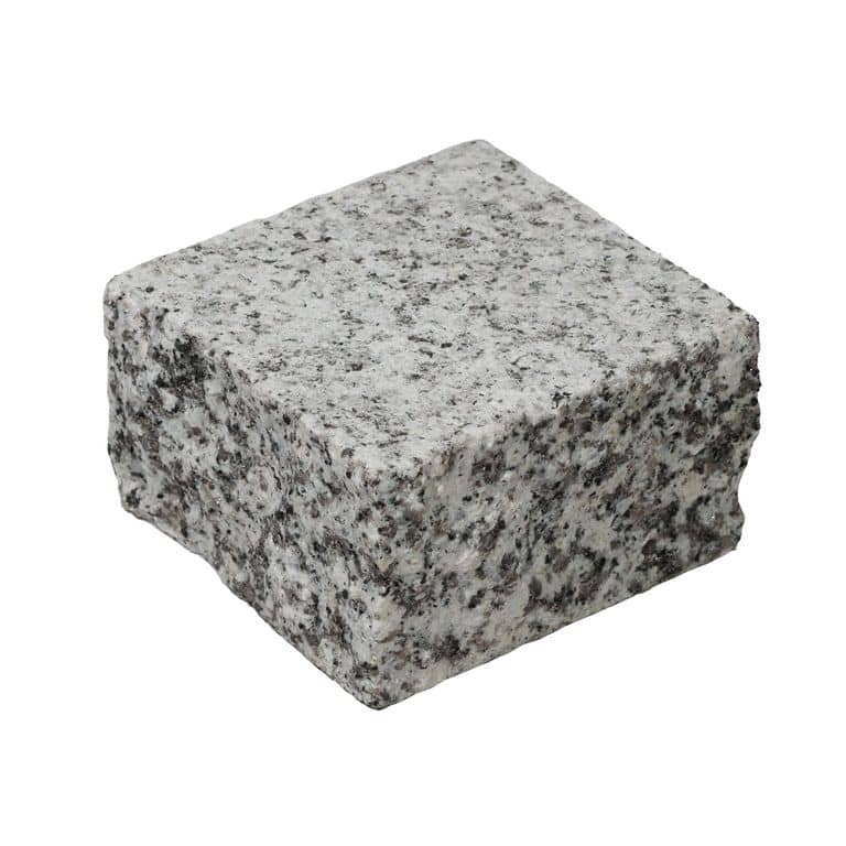 Oblique image for Serra Gray Granite - Sandblasted Cobblestones. The surface finish shown is sand blasted. The dominant color shown is gray. The color mix creates a cool feeling.