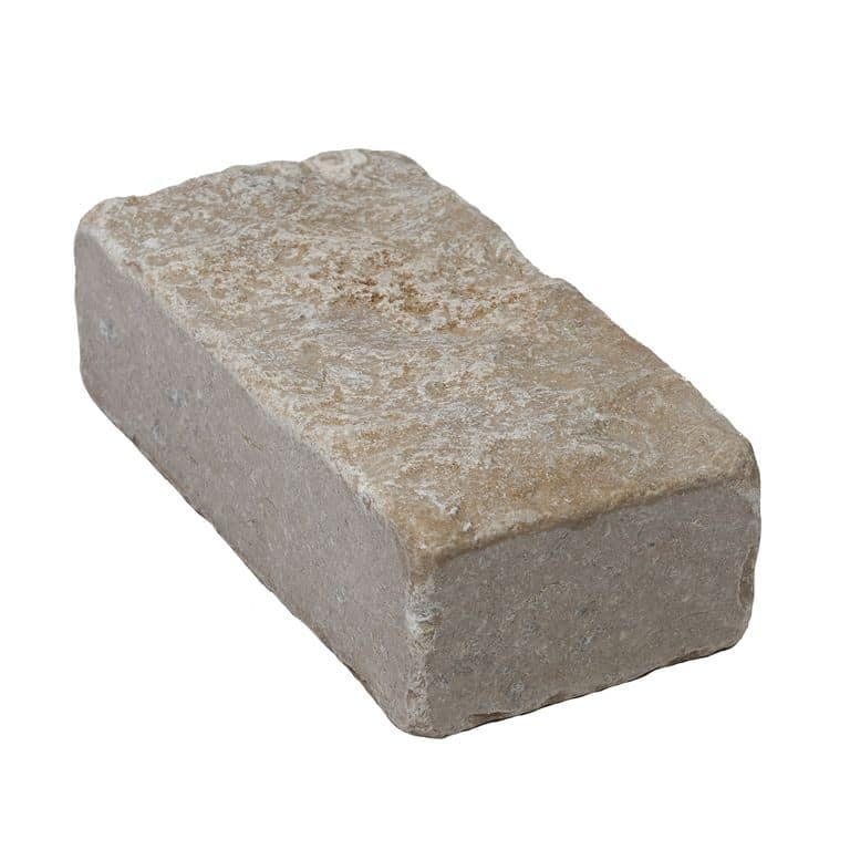 Oblique image for Amaza Estrema Limestone Cobblestone - Rectangle - Splitface &amp; Tumbled. The surface finish shown is . Dominant colors shown are beige and gray. The color mix creates a warm feeling.