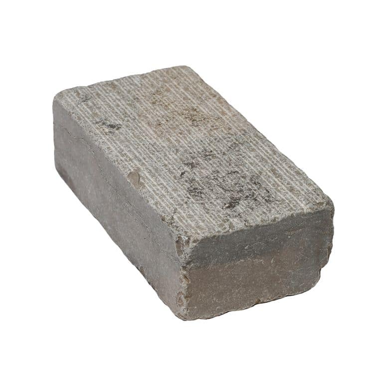 Oblique image for Amaza Estrema Limestone Cobblestone - Rectangle - Fine Scratched &amp; Tumbled. The surface finish shown is . Dominant colors shown are beige and gray.