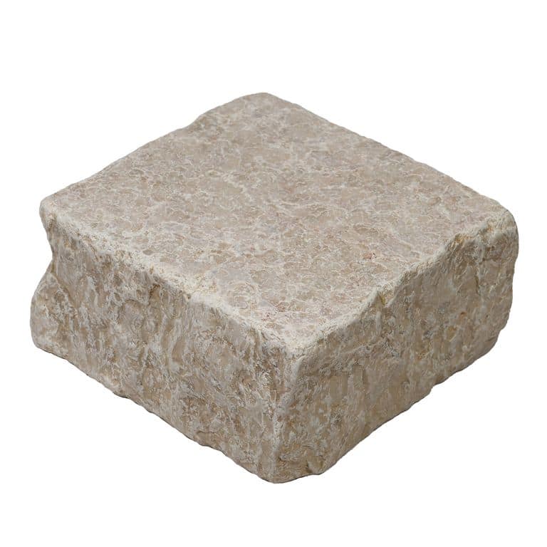 Oblique image for Mountain Hard Beige Limestone - Flamed &amp; Tumbled Cobblestone. The surface finish shown is . Dominant colors shown are beige and tan. The color mix creates a warm feeling.