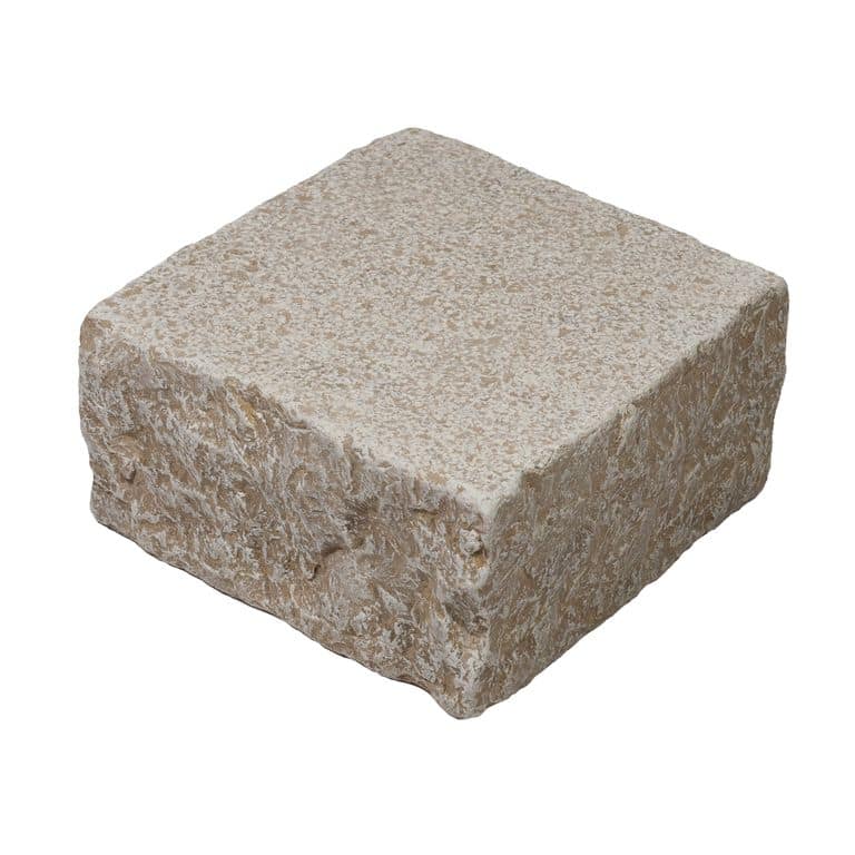 Oblique image for Mountain Hard Beige Limestone - Bush Hammered &amp; Tumbled Cobblestone. The surface finish shown is . Dominant colors shown are beige and tan. The color mix creates a warm feeling.