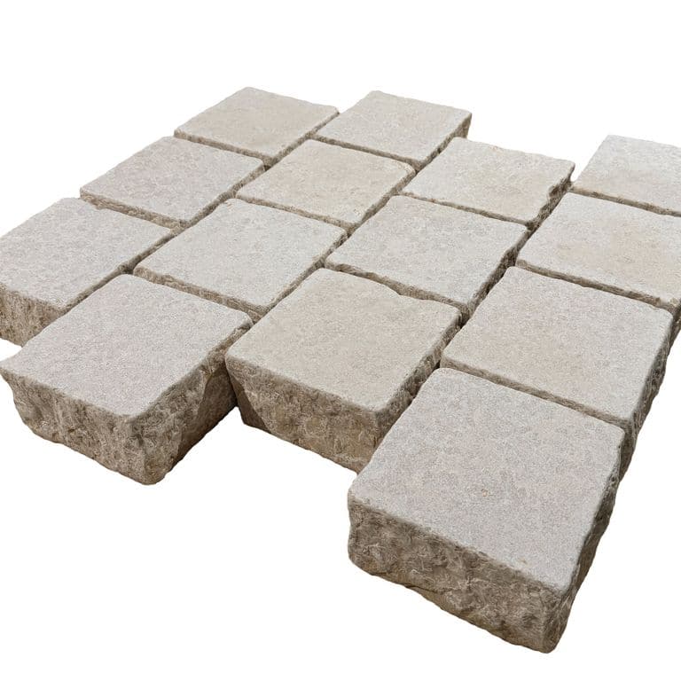 Feature image for Mountain Hard Beige Limestone - Sandblasted &amp; Tumbled Cobblestone. The surface finish shown is . The dominant color shown is beige. The color mix creates a warm feeling.