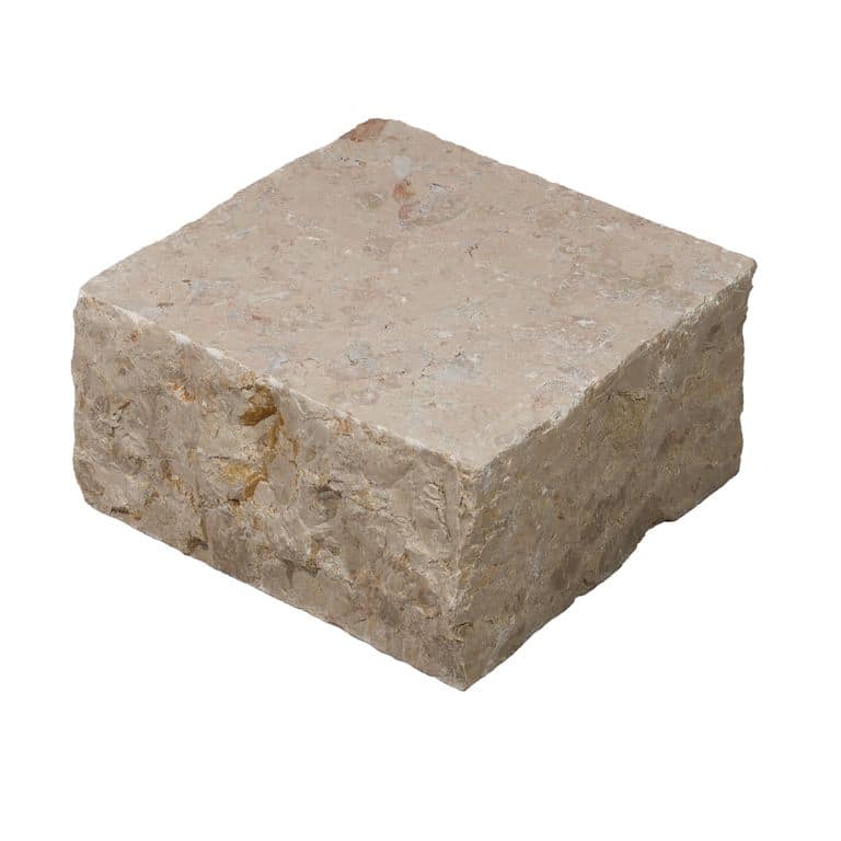 Oblique image for Mountain Hard Beige Limestone - Flamed Cobblestone. The surface finish shown is flamed. Dominant colors shown are beige and tan. The color mix creates a warm feeling.