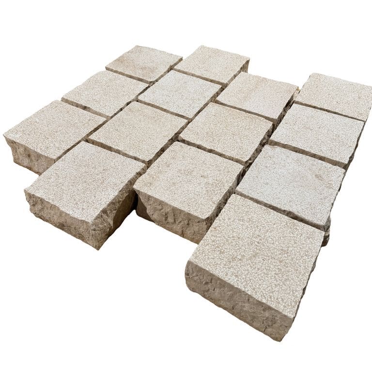 Feature image for Mountain Hard Beige Limestone - Bush Hammered Cobblestone. The surface finish shown is bush hammered. The dominant color shown is beige. The color mix creates a warm feeling.