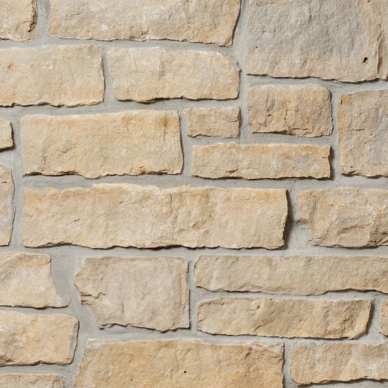 Color/Finish variation image for Golden Buff Limestone - Veneer. The surface finish shown is split-face. Dominant colors shown are beige, yellow and tan. The color mix creates a warm feeling.